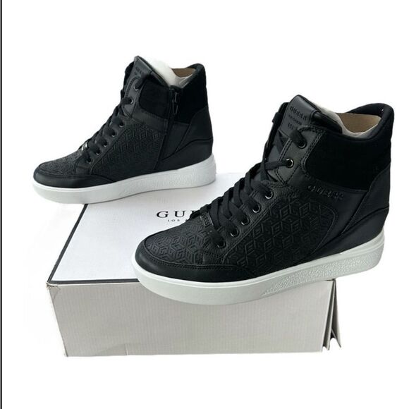 Guess Blairin 4 Rhinestone Logo Print Wedge Black Hi Top Sneakers 9.5 M Black - Picture 3 of 10